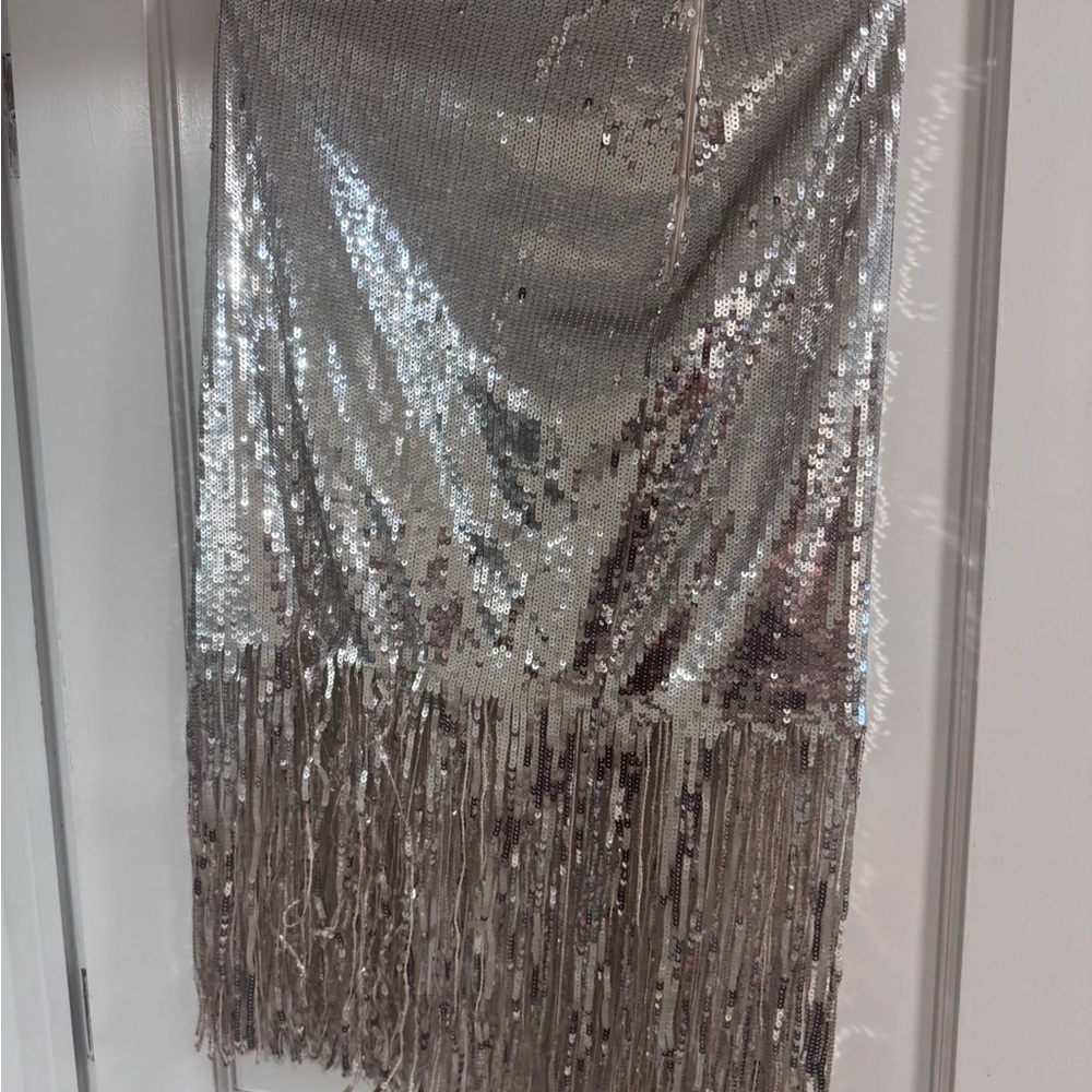 Silver Sequin Fringe Midi Skirt - Elegant Evening Wear - Picture 2 of 4